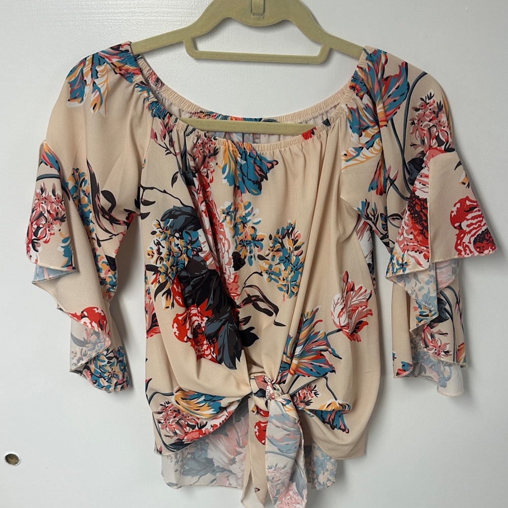 Tie-Front Off-Shoulder Floral Blouse in Beige